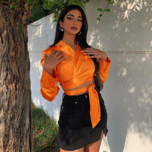 Long Sleeve Slim Tie Short Navel Bare T-shirt
