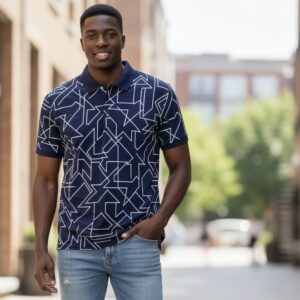 Jack & Jones Men's Navy & White Geometric Polo Shirt - Size Medium