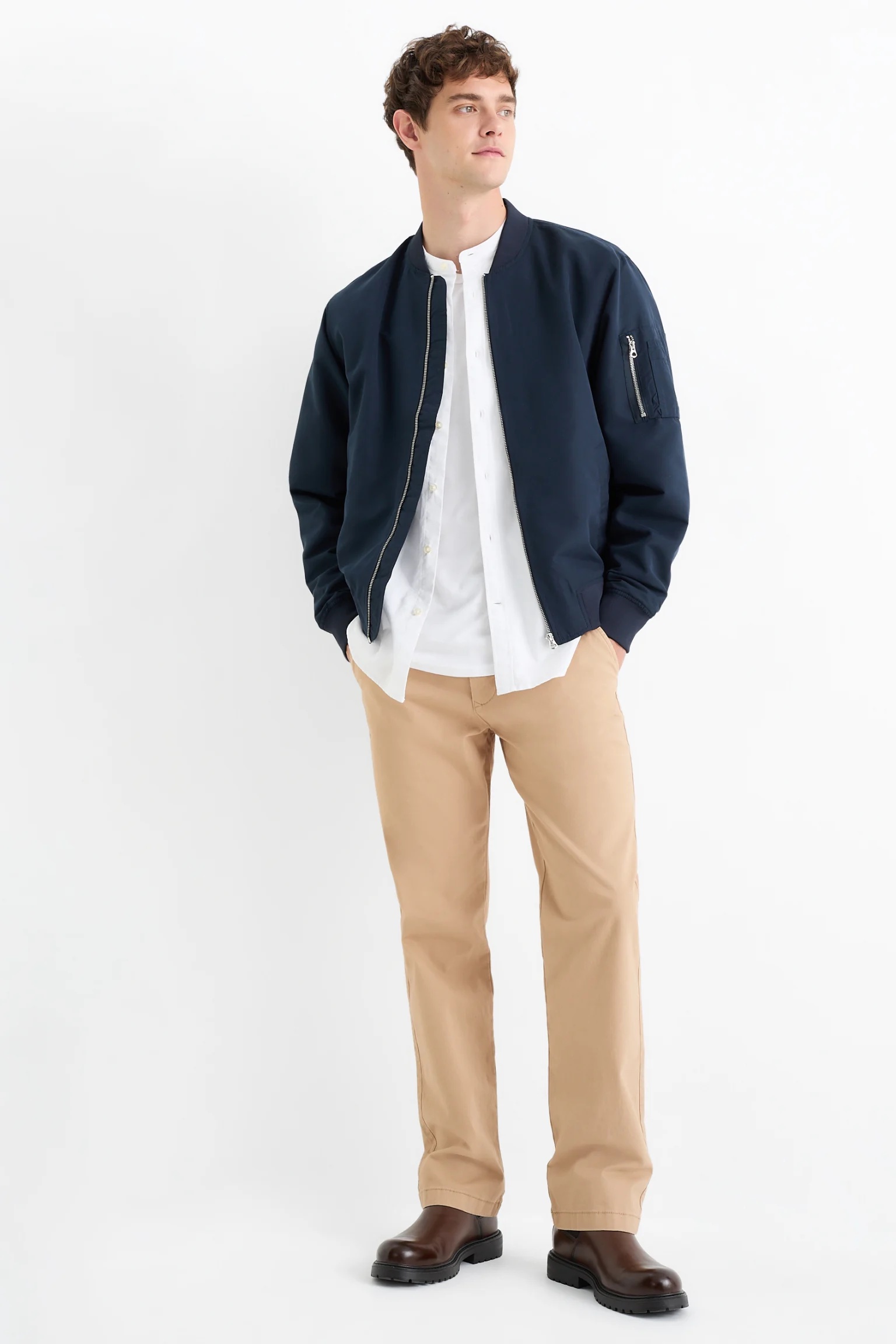 Home C&A Men’s Chino Stretch Cotton Trousers Plain Colours, beige