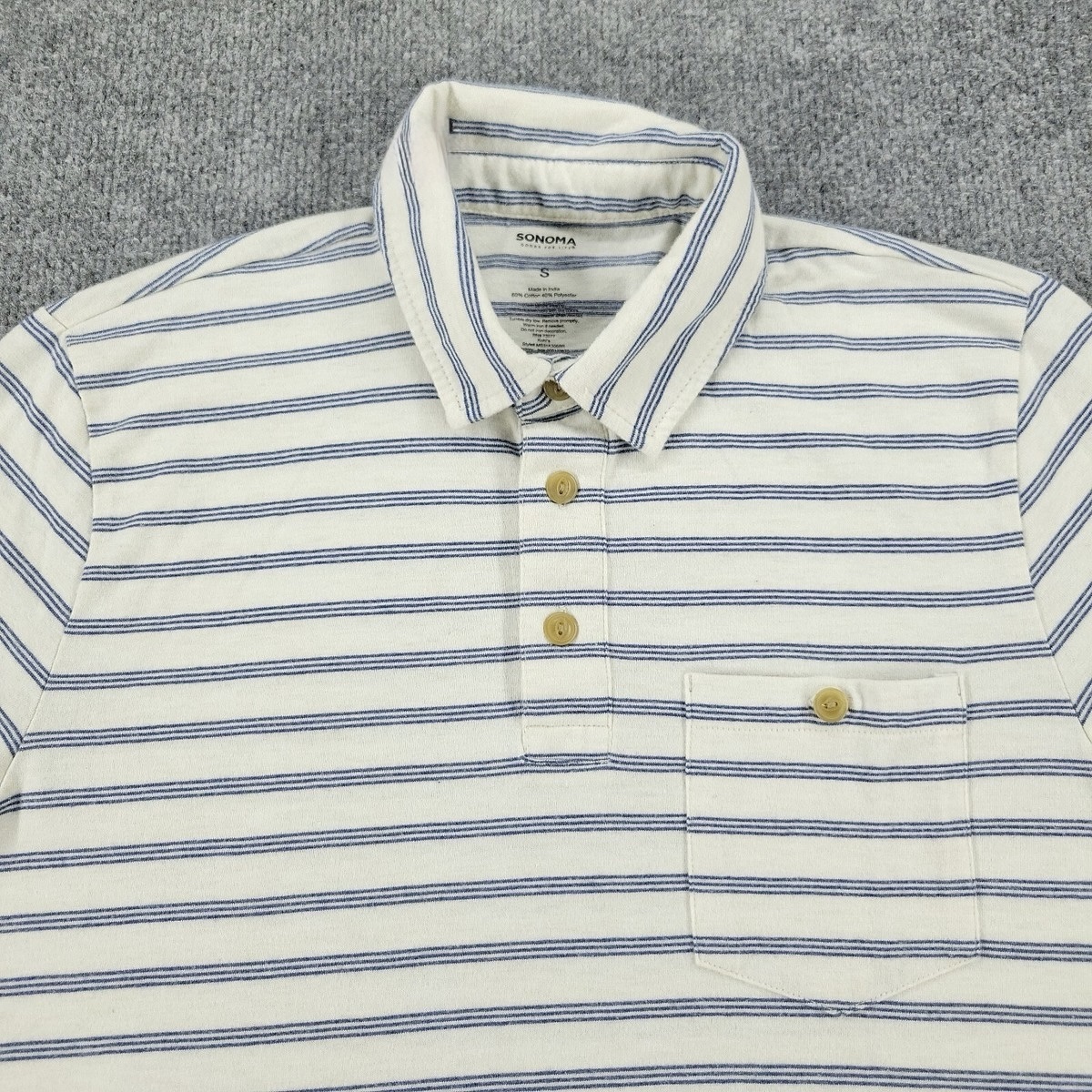 Home Sonoma Polo Shirt Men’s Small White Blue Striped Short Sleeve Pocket 3 Button