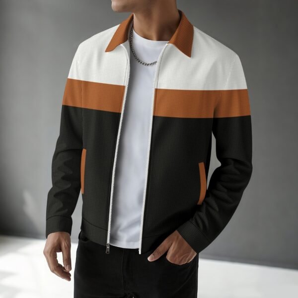 Waffle-knit Colorblock Cardigan With Zippered Pockets And A Notched Collar