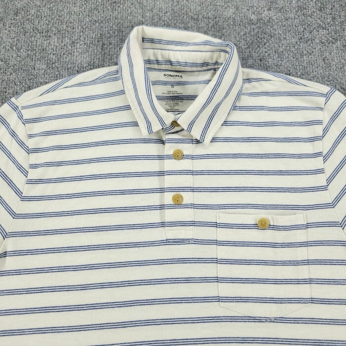 Sonoma Polo Shirt Men's Small White Blue Striped Short Sleeve Pocket 3 Button